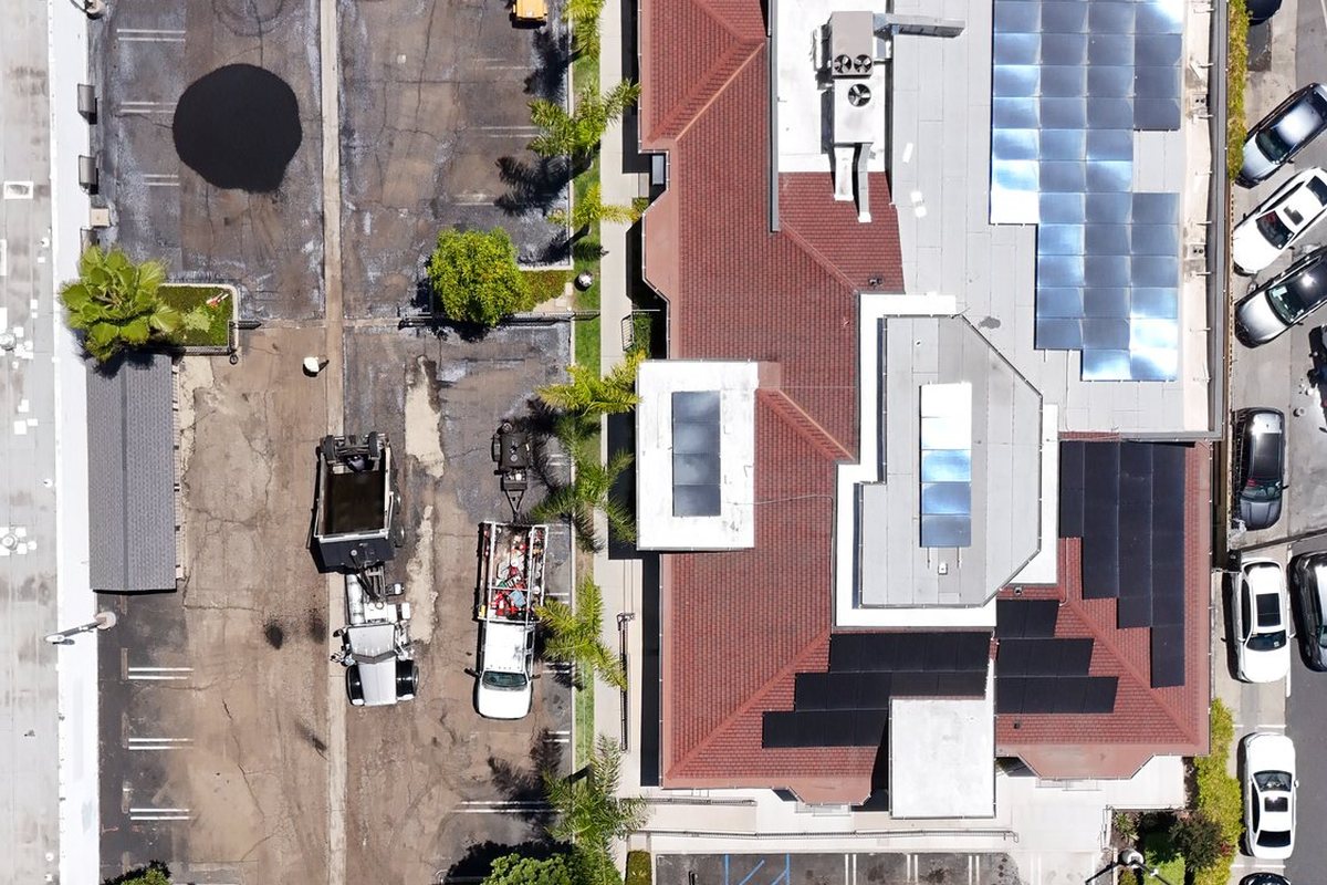 Aerial view of a commercial parking lot